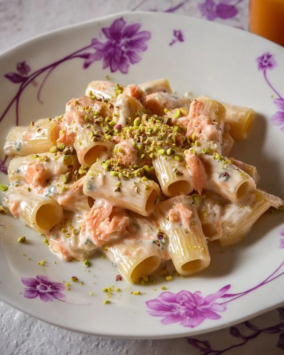 Pennoni rigati con gorgonzola, salmone affumicato e pistacchi tritati