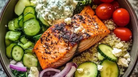 Savory Mediterranean Salmon Bowl Bursting with Flavor