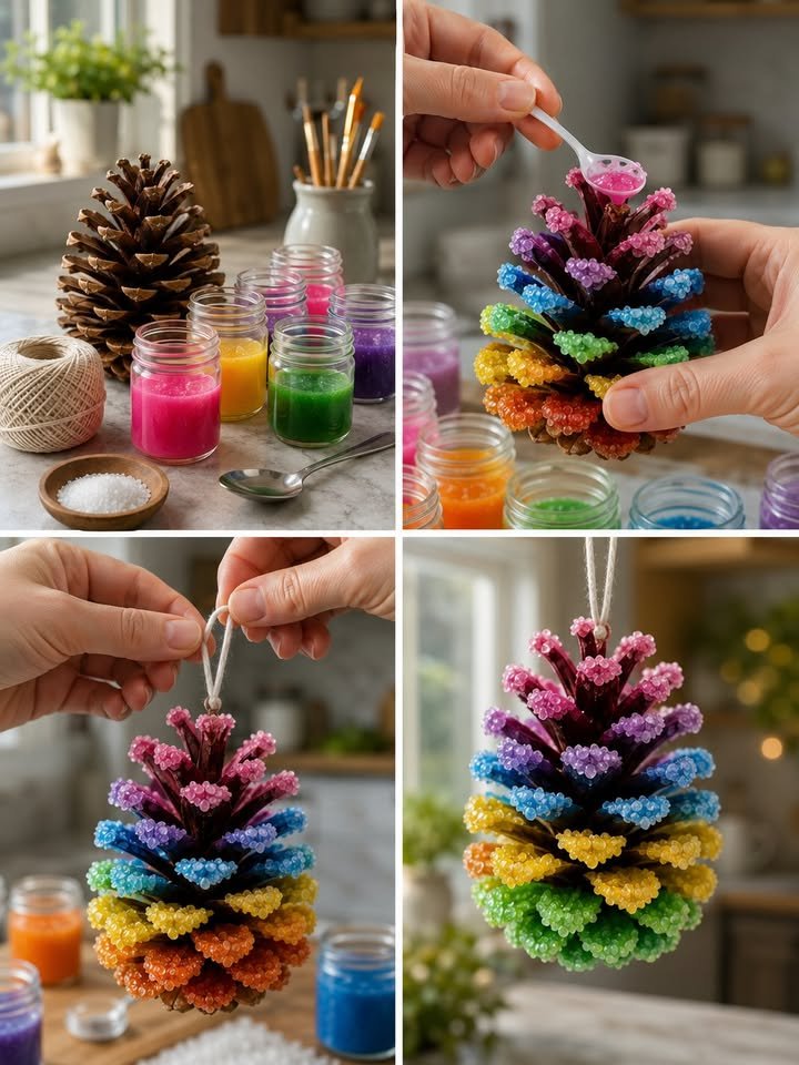 Wie man Regenbogen-Kristall-Zapfenornamente zu Hause macht