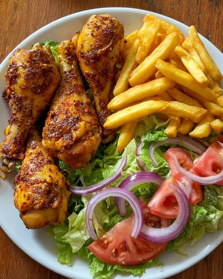 Spiced Chicken Drumsticks with Crispy Fries & Fresh Garden Salad