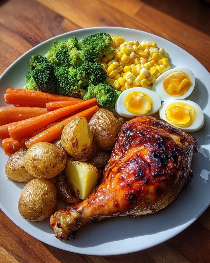 Honey Glazed Chicken Leg Quarter with Roasted Potatoes, Eggs & Veggies