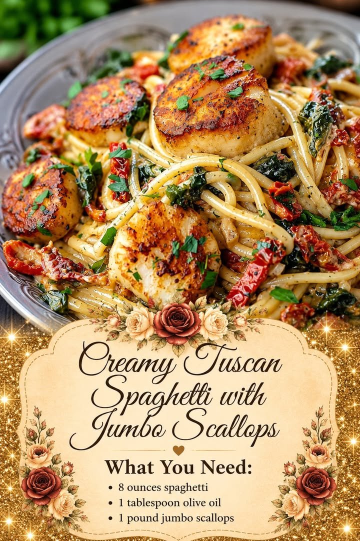 Creamy Tuscan Spaghetti with Jumbo Scallops