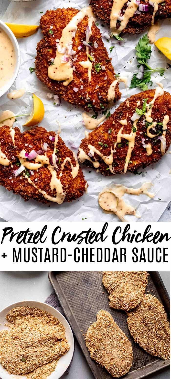 Crispy Pretzel Crusted Chicken with Cheddar-Mustard Sauce is an easy delicious dinner that will be on your table in 30 m… | Pretzel chicken with mustard cheese, Chicken with mustard breadcrumbs, Chicken dinners