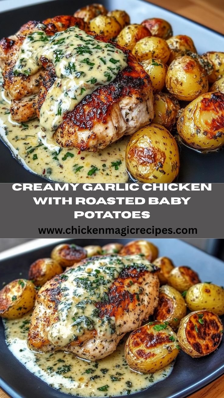 Creamy Garlic Chicken with Roasted Baby Potatoes—Pure Dinner Bliss
