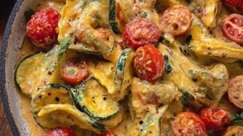 Cremige Maultaschenpfanne mit Zucchini und Tomaten