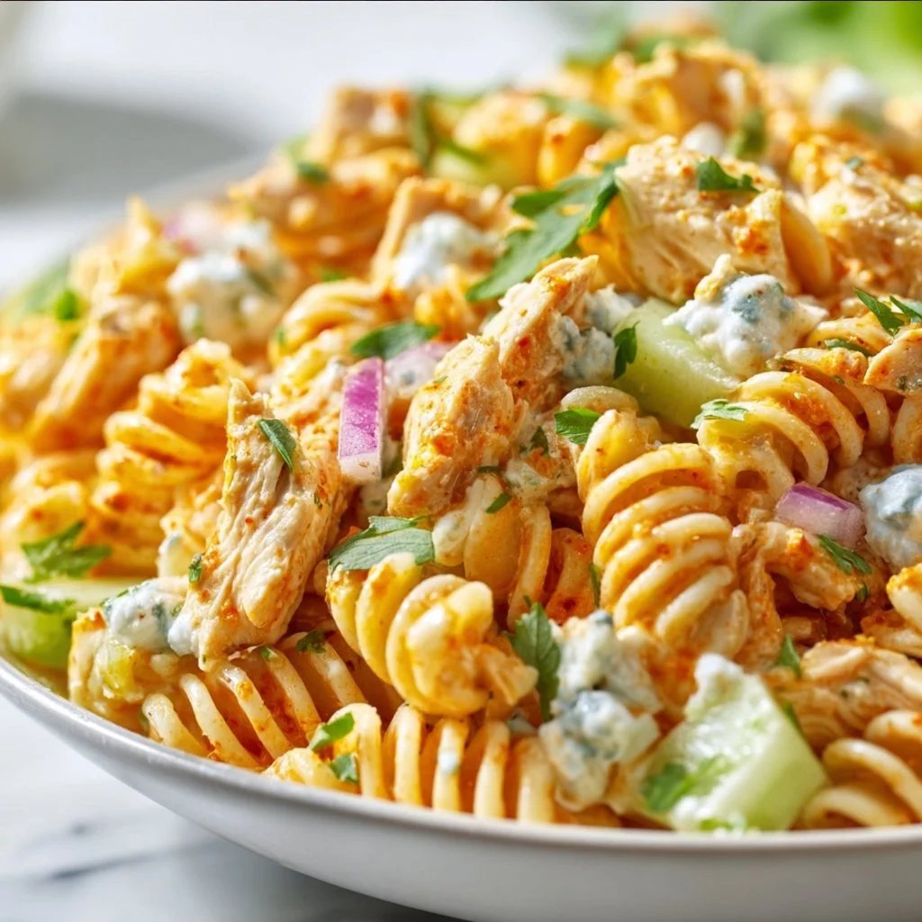 High Protein Buffalo Chicken Pasta Salad