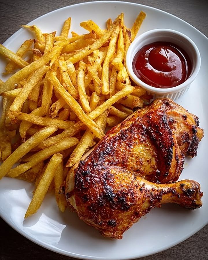 Crispy Roasted Chicken Leg Quarter with French Fries & Dipping Sauce