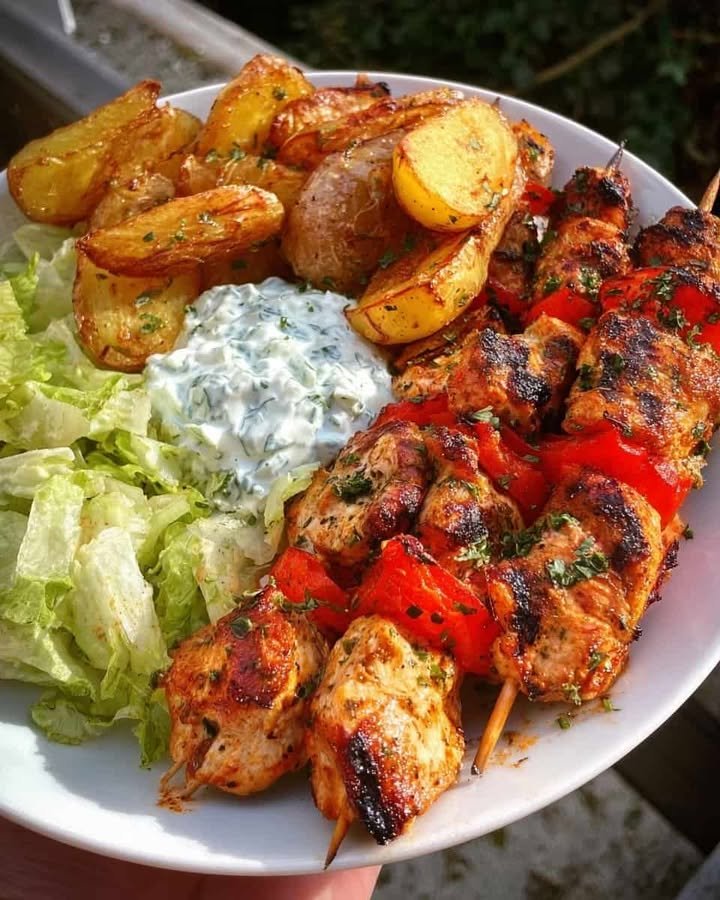 Grilled Chicken Skewers Plate with Crispy Potatoes & Creamy Dip