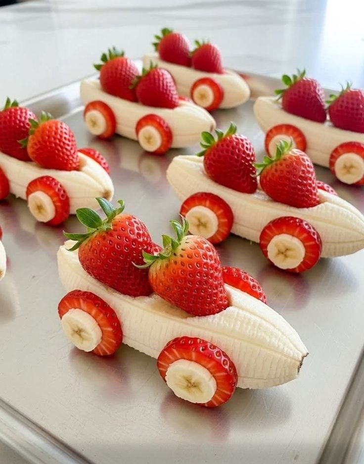 Savory buffet recipes for parties, birthdays | Food art with vegetables, fruit and veggie creations for kids, race car strawberries