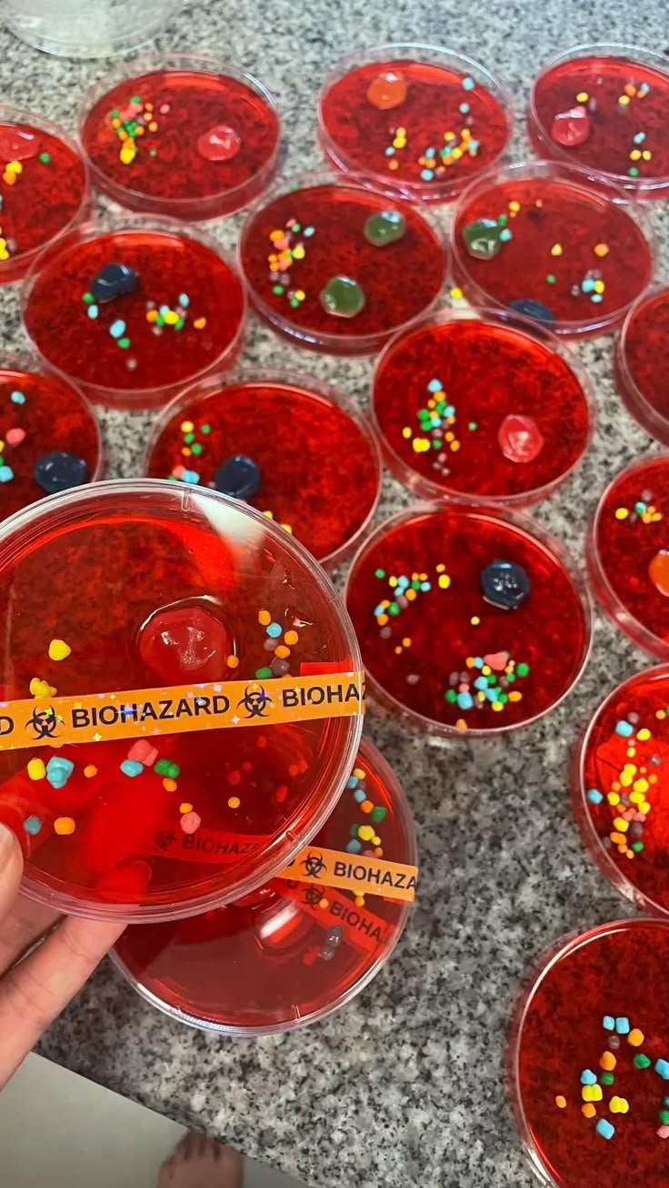 Halloween themed science Petri dishes biohazard JellO shots party favors spooky theme