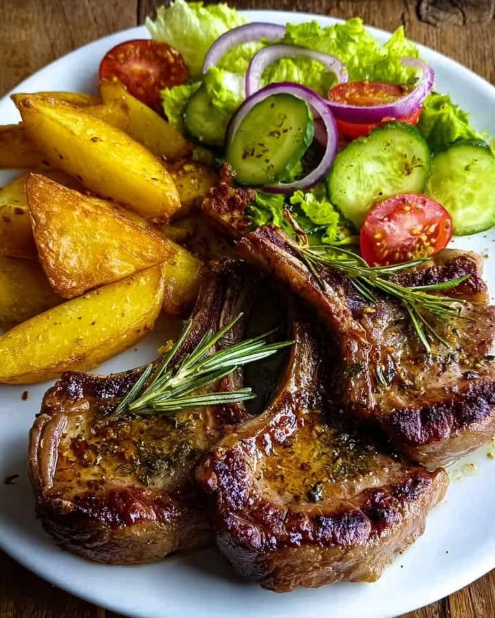 Herb-Grilled Lamb Chops with Golden Potato Wedges & Fresh Cucumber Salad
