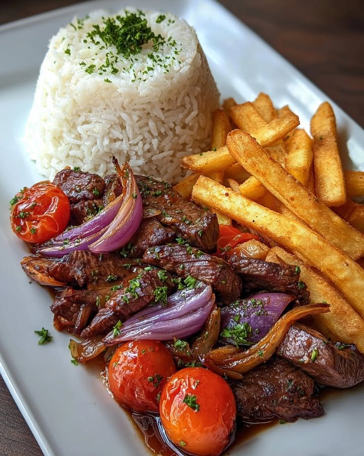 Garlic Butter Steak Bites with Fries, Rice & Sautéed Veggies