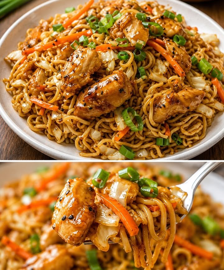 Chinesisch gebratene Nudeln mit Hähnchenfleisch