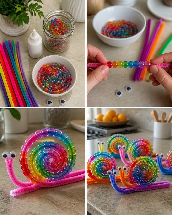 Rainbow Beaded Pipe Cleaner Snails 4 Rainbow Beaded Pipe Cleaner Snails