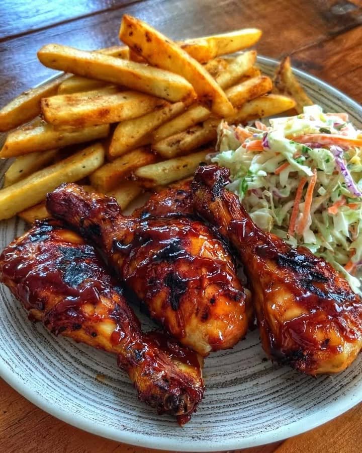Sticky BBQ Chicken with Crispy Fries & Fresh Slaw