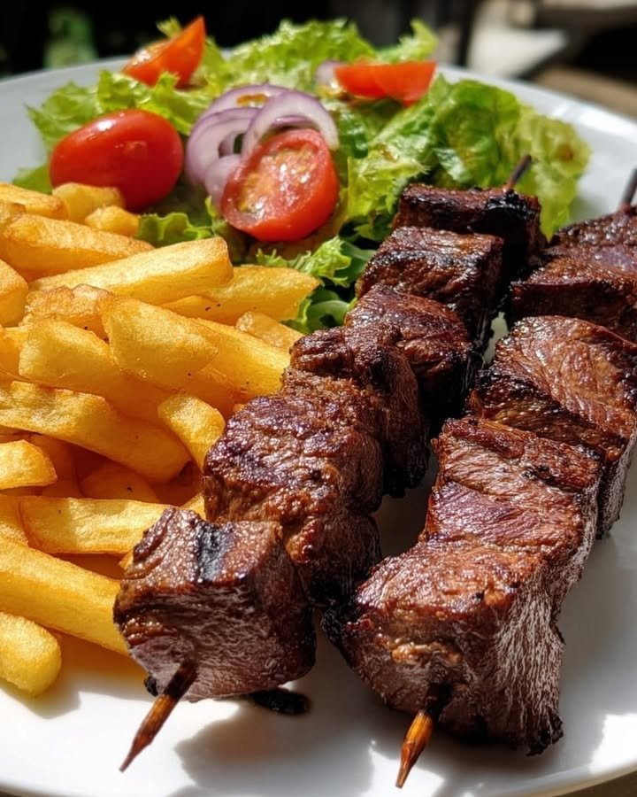 Grilled Beef Skewers with Crispy Fries & Fresh Salad